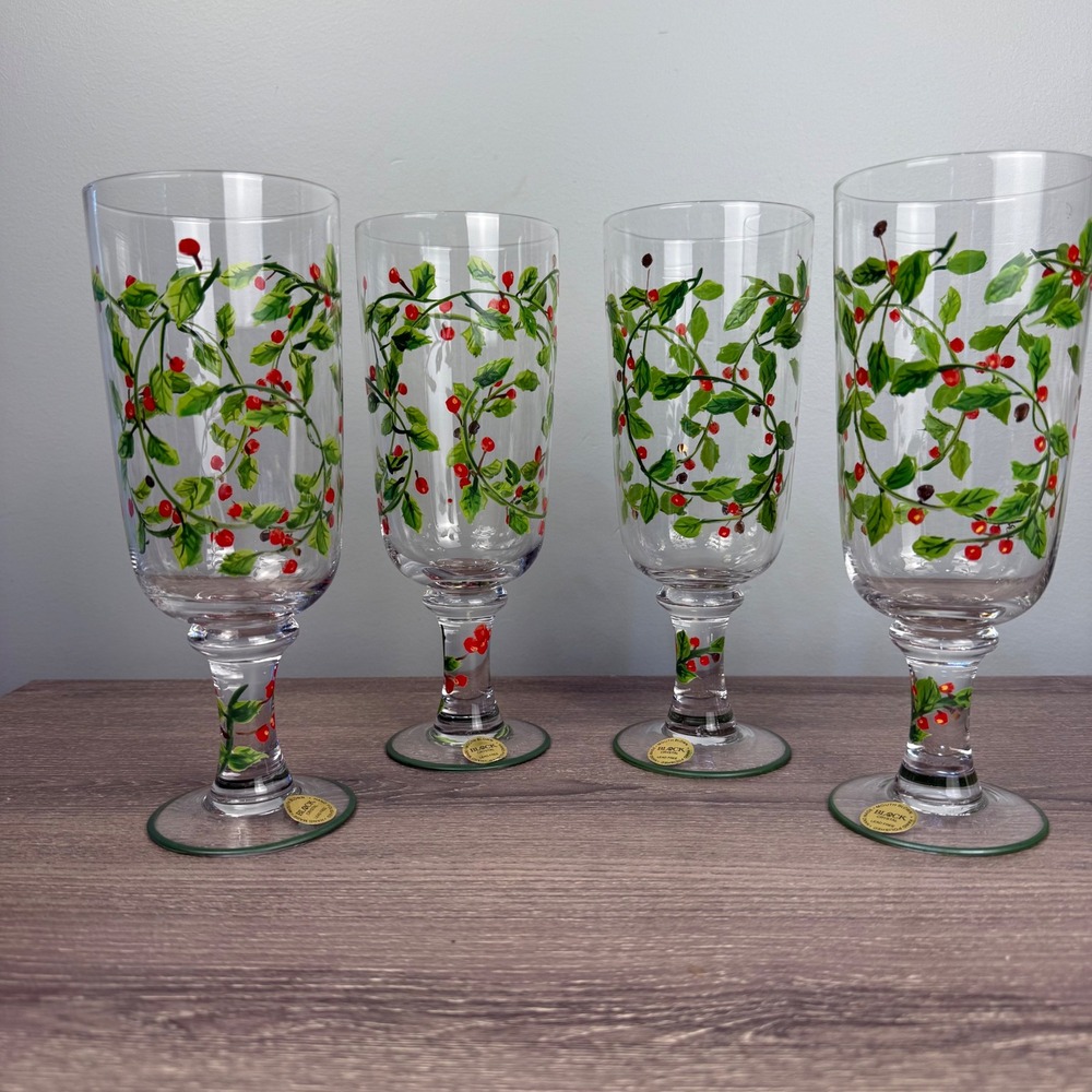 Block Crystal Holly Berry Hand Painted Iced Tea Glasses Set of 4 Footed Goblets